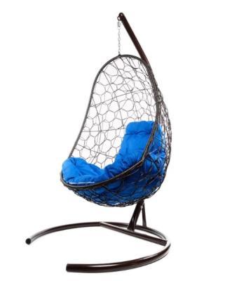 Кресло подвесное ОВАЛ с ротангом коричневое, синяя подушка в интернет гипермаркете «Планета Лета». Фото