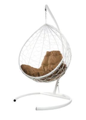 Кресло подвесное КАПЛЯ с ротангом белое, бежевая подушка в интернет гипермаркете «Планета Лета». Фото