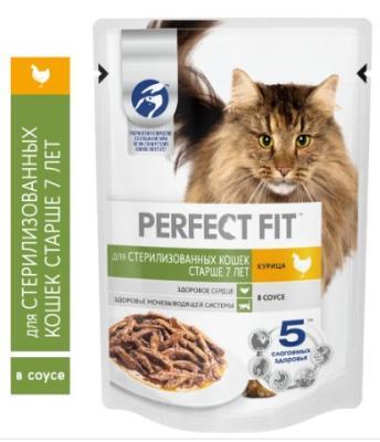 Корм влажный для кошек старше 7 лет PERFECT FIT стерилизованных, с курицей в соусе, 75г в интернет гипермаркете «Планета Лета». Фото