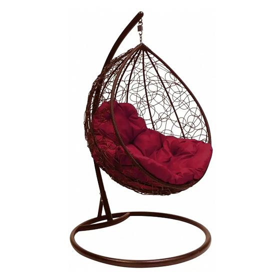 Кресло подвесное КАПЛЯ с ротангом коричневое, бордовая подушка в интернет гипермаркете «Планета Лета». Фото